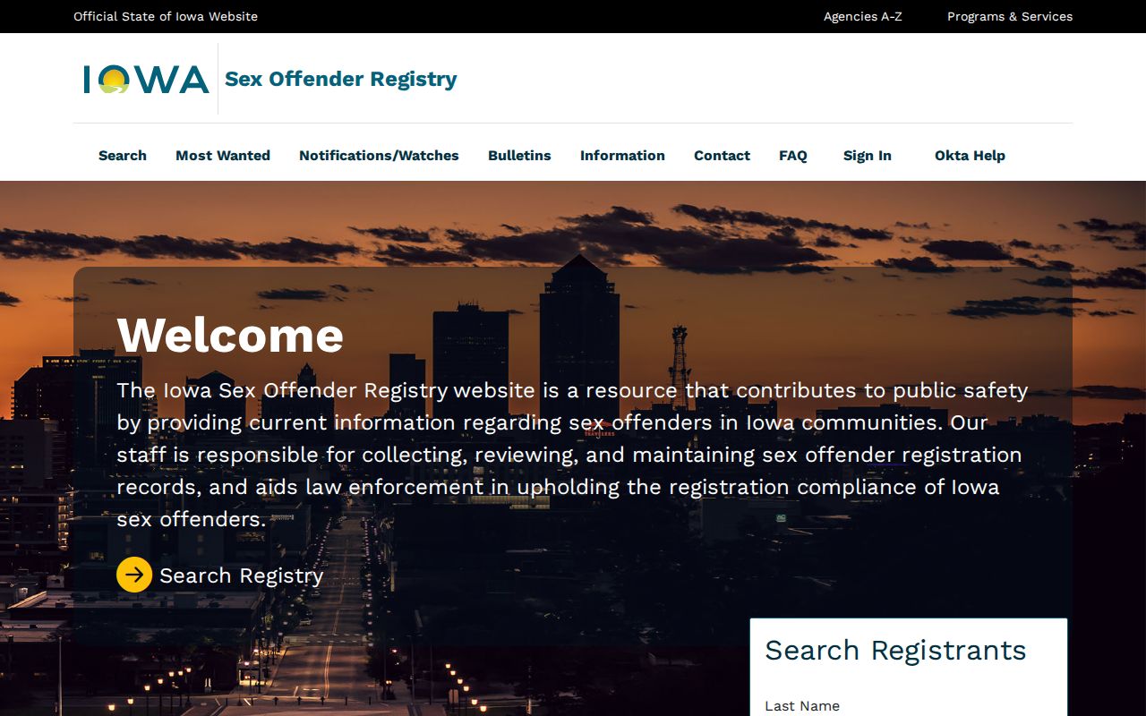 Iowa Sex Offender Registry official search page for Mason City safety research