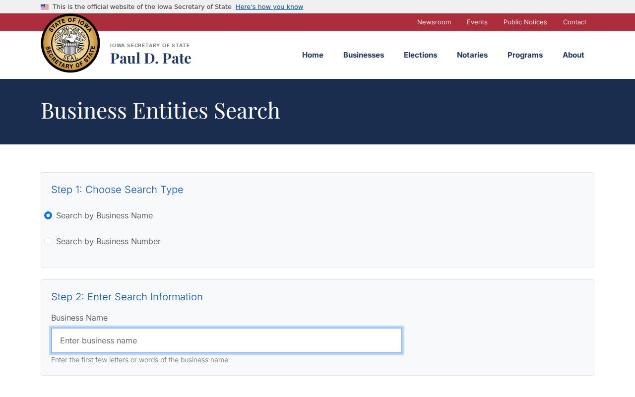 Iowa Secretary of State business search used for a Mason City organization record