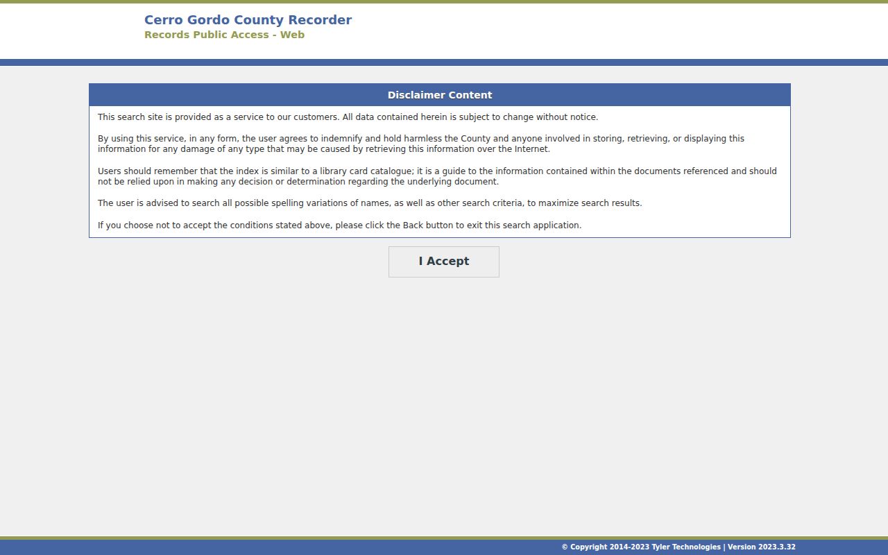 Cerro Gordo County Tyler recorded-document search disclaimer for Mason City street research