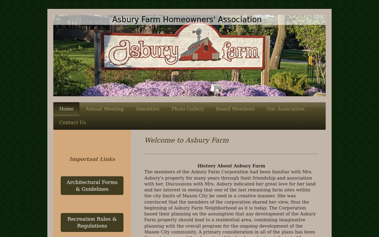 Asbury Farm community website used as a Mason City postal area context source