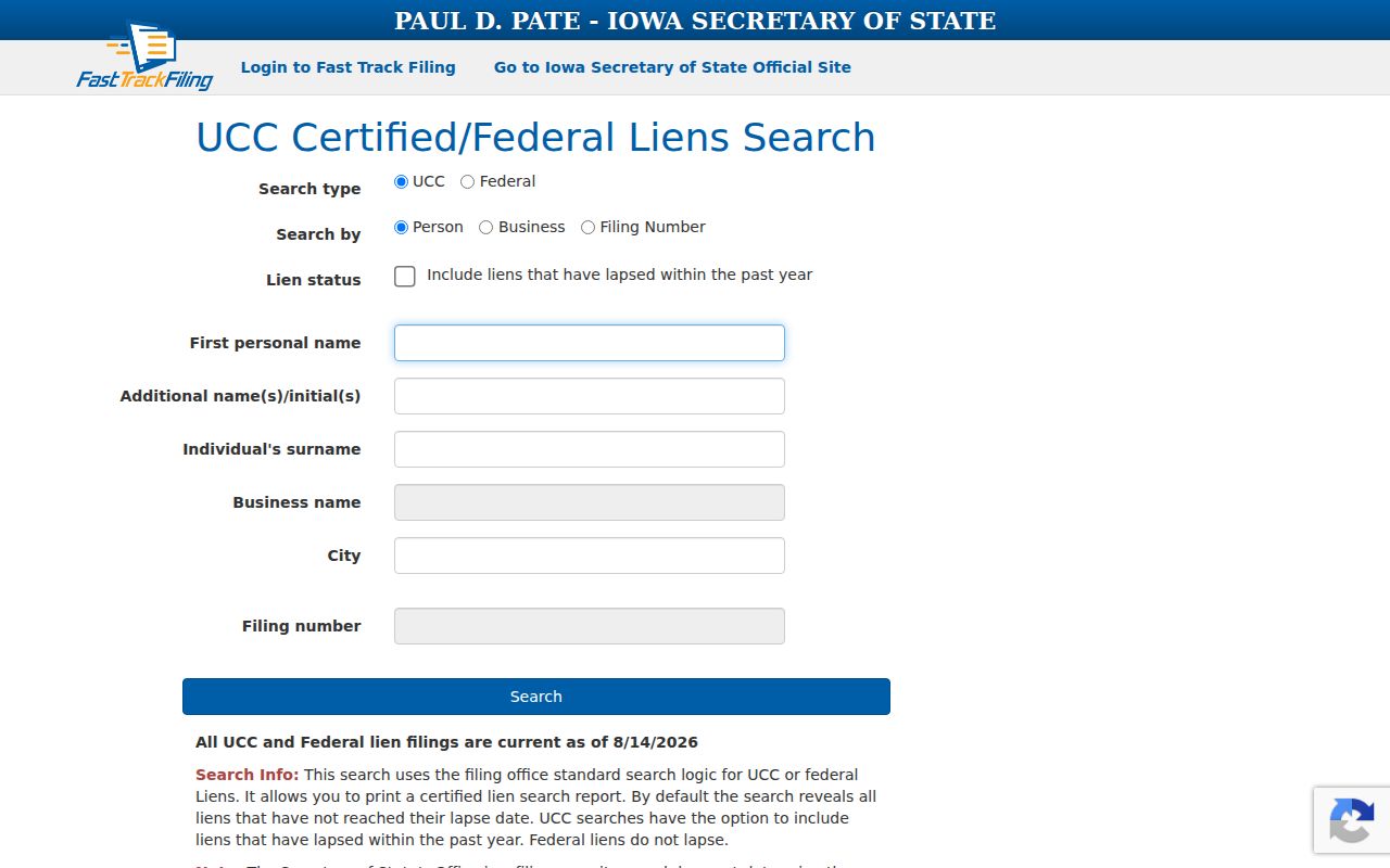 Iowa UCC filing search showing a public portal without a postal directory purpose